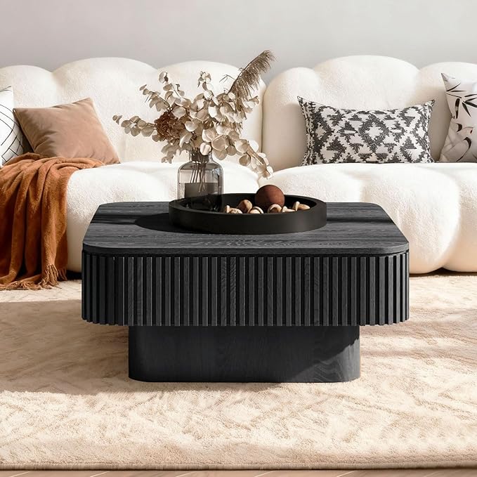 LKTART Coffee Table for Living Room, Accent Fluted Square Coffee Table with Hidden Storage, Modern Solid Wood Veneered Circle Center Tea Table for Small Space Apartment (31.5''D×14''H-Black)