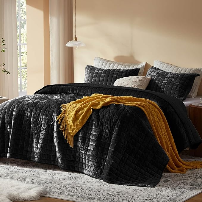 LEAONME Velvet Quilt Full/Queen Size-90''x98'', Lightweight Black Velvet Comforter Set with 2 Pillow Shams, Soft Bedspread Coverlet Quilted Bedding Set for All Season