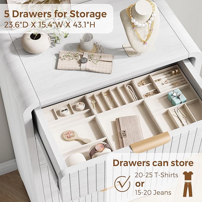 Fluted 5 Drawer Dresser for Bedroom, 43" Tall Dressers & Chests of Drawers Curved Profile Design, Wood Mid Century Vertical Dresser Natural Texture for Bedroom, White Dresser