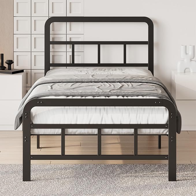 12 Inch Twin Bed Frames with Headboard and Footboard, No Box Spring Needed, Heavy Duty Metal Mattress Foundation, Noise Free, Easy Assembly, Black