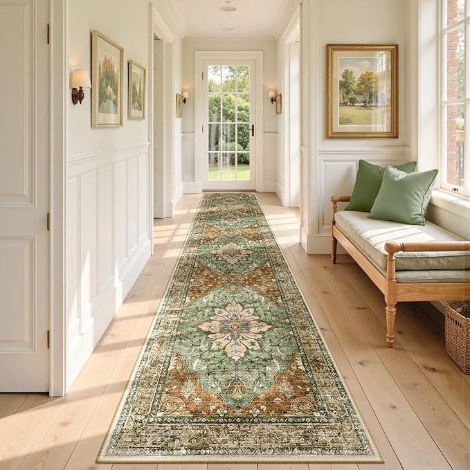 Area Rugs 2'x9' Washable Non-Slip, Floral Vintage Distress Print Pattern Medallion Carpet for Living Room Bedroom Dining Room, Brick Red Rust Neutral Brown Burnt Orange Green
