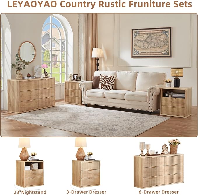 LEYAOYAO Fluted Dresser and 3 Drawers Nightstand Set of 2, Wood 48" Wide Dresser & 23" Night Stand with Charging Station, 3 Piece Bedroom Furniture Set, Chest of Drawers for Home,Living Room,Wood