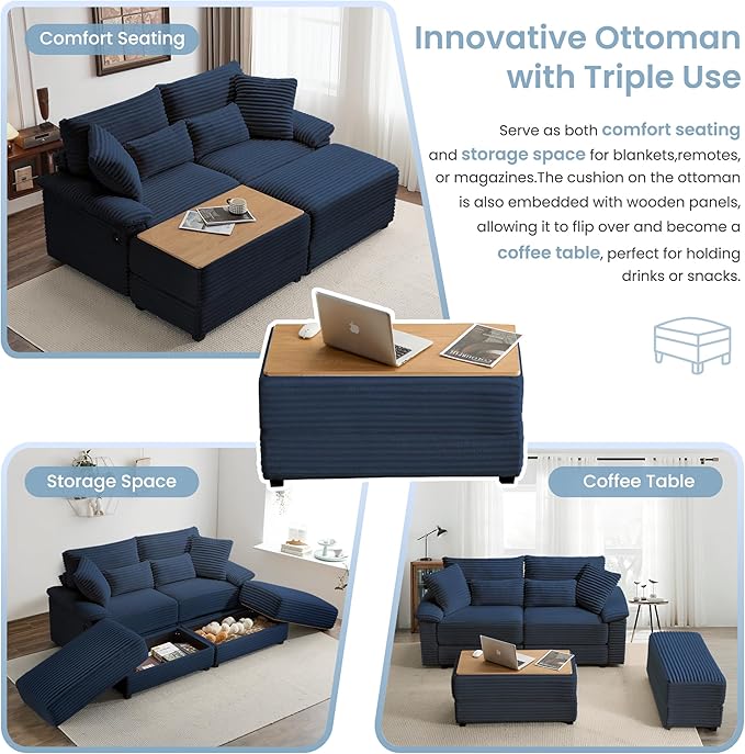 SUNWAVE 74" Double Chaise Lounge Chair Indoor, Loveseat with Storage Ottoman, Corduroy Small Couch with USB Charging, Removeable Ottoman, and Coffee Table Cushions for Living Room