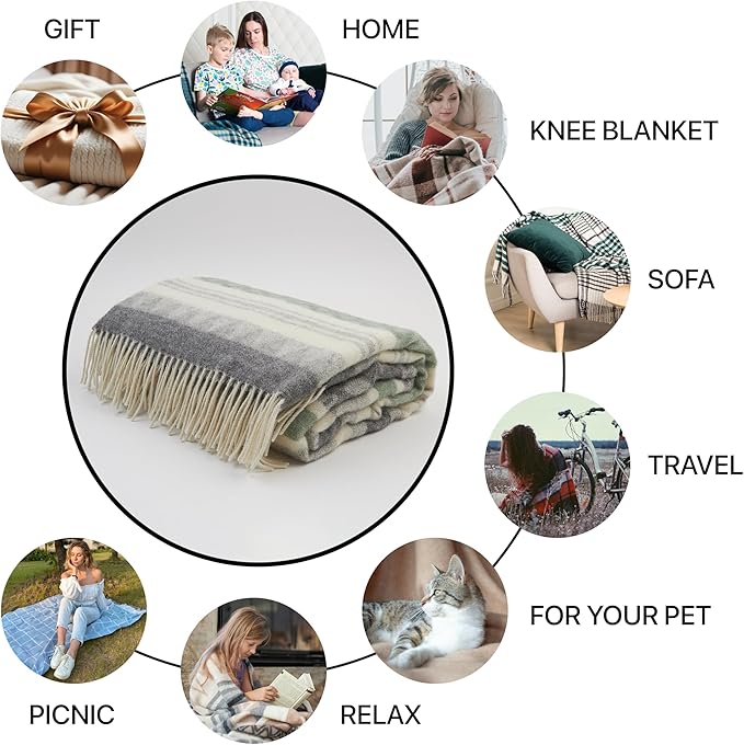 | Wool Blanket/Throw | 100% New Zealand Wool | Perfect for Home and Outdoors | Virgin Wool Throw with Fringes 75"x87" (190 x 220 cm)