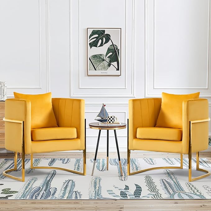 Velvet Modern Accent Chair, Upholstered Barrel Armchair Mid Century with Pillow for Living Room, Comfy Single Vanity Chair with Metal Gold Legs for Bedroom, Yellow
