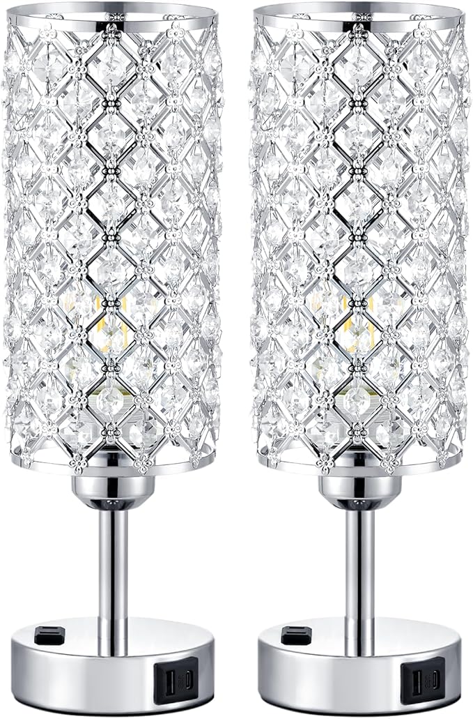 Hong-in Crystal Lamp Touch Control Set of 2, Sliver Crystal Table Lamps with USB C+A Ports & AC Outlet, 3-Way Dimmable Nightstand Touch Lamp, Modern Bedside Table Lamp for Bedroom(Bulbs Included)