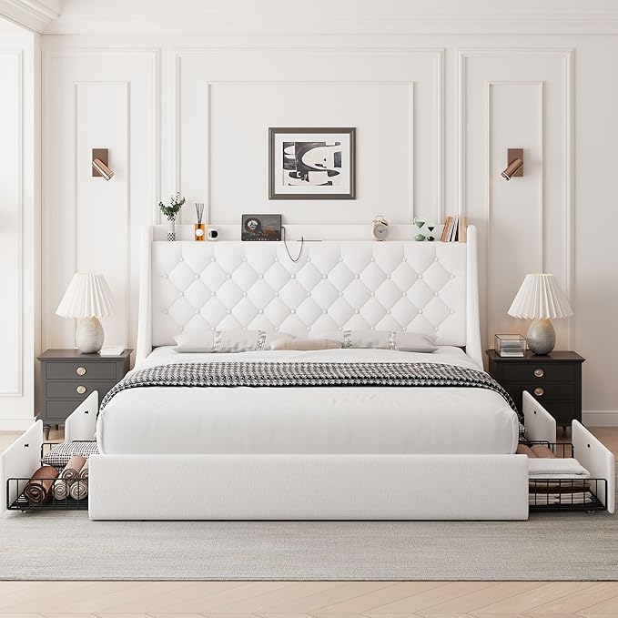 Feonase Upholstered Full Size Bed Frame with 4 Storage Drawers, Charging Station, Tufted Wingback Storage Headboard, No Box Spring Needed, Easy Assembly, White
