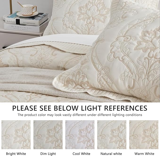 CHIXIN Bedspread Coverlet Quilt Set Full Size - Lightweight Bedding Cover - Beautiful Stitching - 5 Piece Reversible Bedspread - Gorgeous Damask Paisley Pattern (Full, Ivory-Yellow)