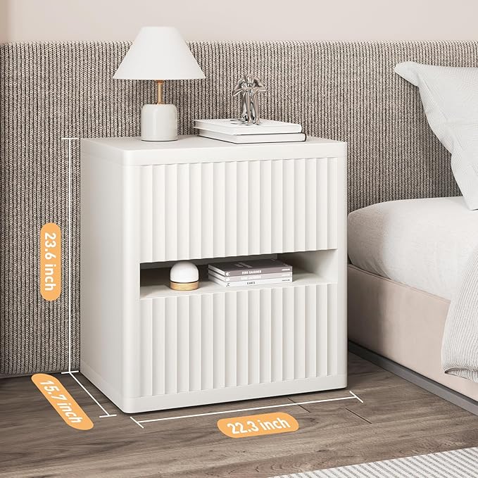 Dripex Fluted Nightstand with 2 Drawers, Large Wide Wood Night Stand Bedside Tables for Bedroom, Mid-Century Modern Storage Bed Side Table, End Tables for Living Room Sofa Couch, White, Set of 2