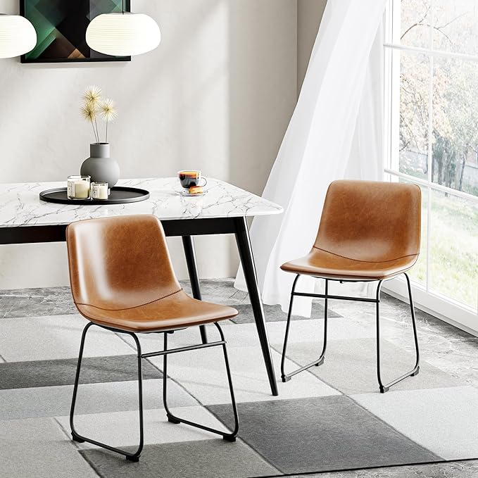 Dining Chairs Set of 4, 18 Inch Modern Armless Kitchen Chairs with Back, Faux Leather Dining Room Chairs with Metal Legs for Home, Bistro Coffee Shops (Brown)