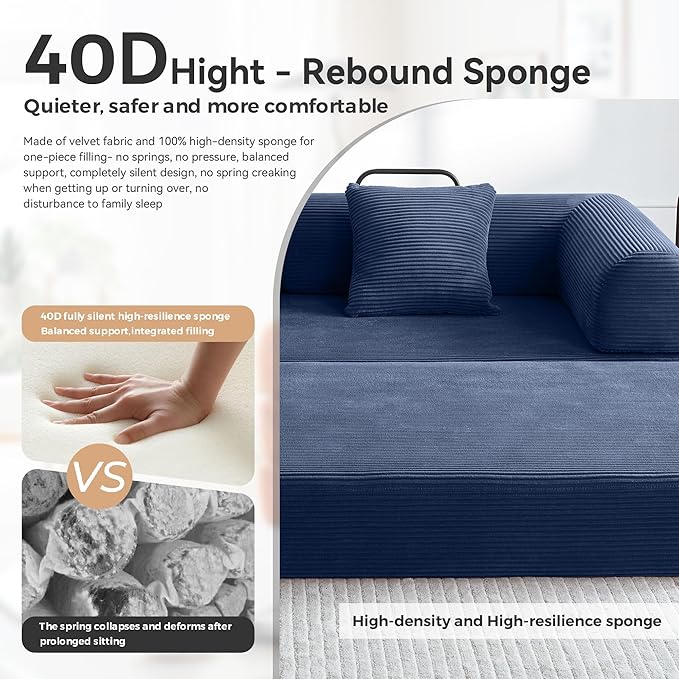 Convertible Sofa Bed with Corduroy Pillow,Comfy Floor Sofa Bed Compressed Sofa in Box, Convertible Sofa Bed for Living Room Bedroom Lounge Studio, Comfy High Density Foam Mattress(Navy Blue)