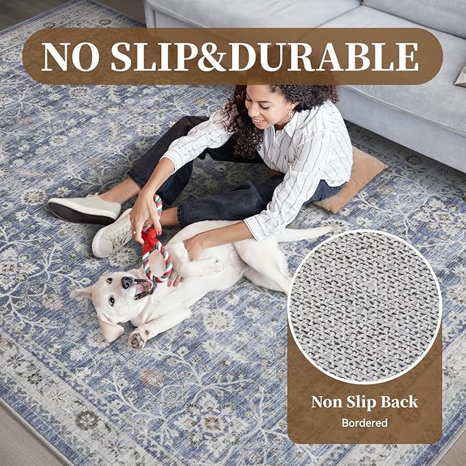 MontVoo-Vintage Area Rug 6X9 Blue Rugs for Living Room-Soft Distressed Printed Rugs for Bedroom-Non Slip Carpet-Machine Washable Rug for Dining Room Living Room Bedside Office