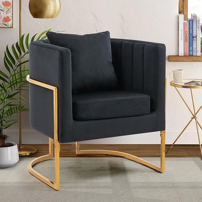 Velvet Modern Accent Chairs Set of 2, Upholstered Barrel Armchair Mid Century with Pillow for Living Room, Comfy Single Vanity Chair with Metal Gold Legs for Bedroom, Black