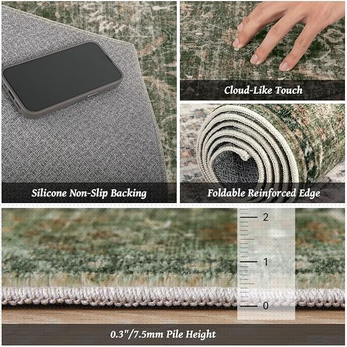 Washable 3x5 Entryway Rug, Boho Non-Slip Vintage Distress Small Rugs for Kitchen Nursery Office Bedroom, 0.3" Neutral Oriental Throw Thin Carpet with Cushioning Pad, Grass Green/Multi