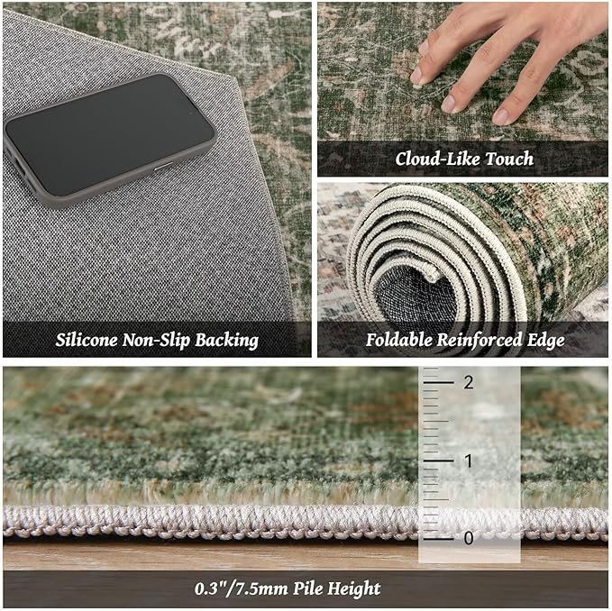 Washable 4x6 Rugs for Living Room, Boho Non-Slip Vintage Distress Small Rugs for Bedroom Nursery Office, 0.3" Neutral Oriental Throw Thin Carpet with Cushioning Pad, Grass Green/Multi