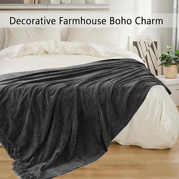 Chenille Throw Blanket for Couch 60"X 80" Twin, Soft Cozy Throws with Fringe Tassel for Bed Sofa Chair Cover, Lightweight Knitted Decorative Boho Blankets for Living Room, Dark Grey
