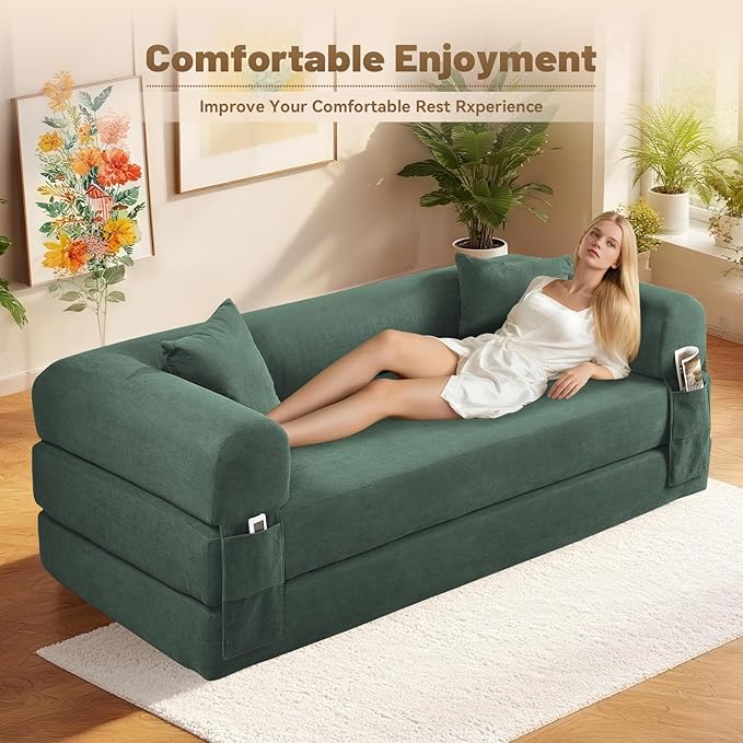 Convertible Futon Sofa Bed,80" Folding Pull Out Couch Bed with Storage,Queen Sleeper Sofa Bed,Compressed Couch in a Box,Corduroy Boneless Couches for Living Room,Light Green