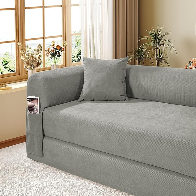 Convertible Futon Sofa Bed,80" Folding Pull Out Couch Bed with Storage,Queen Sleeper Sofa Bed,Compressed Couch in a Box,Corduroy Boneless Couches for Living Room,Light Grey