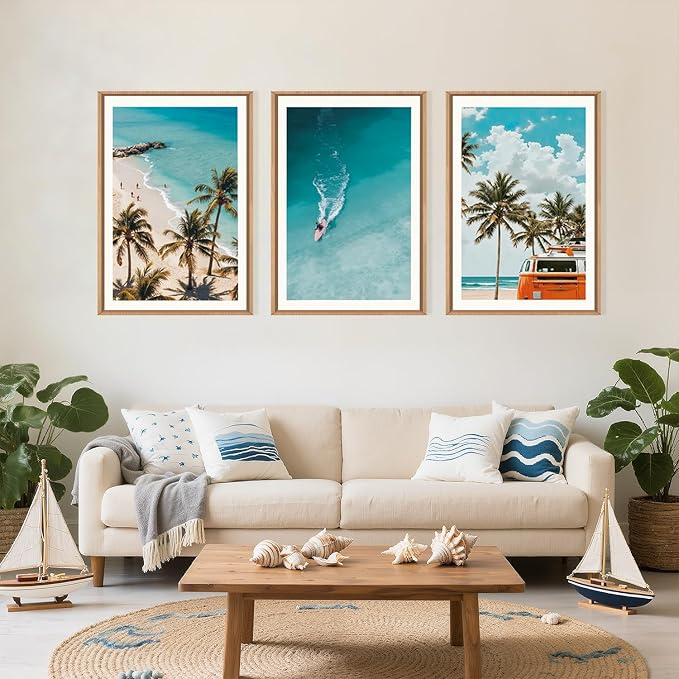 LHIUEM Large Nature Surfboard Beach Framed Canvas Wall Art,Summer Ocean Surfing Wall Decor,Palm Trees Wall Painting,Modern Picture Artwork for Living Room,Bedroom,Dining Room,Office -24"x36"x3