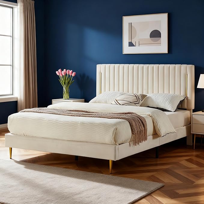 Twin Platform Bed Frame, Velvet Upholstered Bedframe with Vertical Channel Adjustable Headboard, Golden Plating Trim, Mattress Foundation with Wooden Slats, No Box Spring Needed, Beige