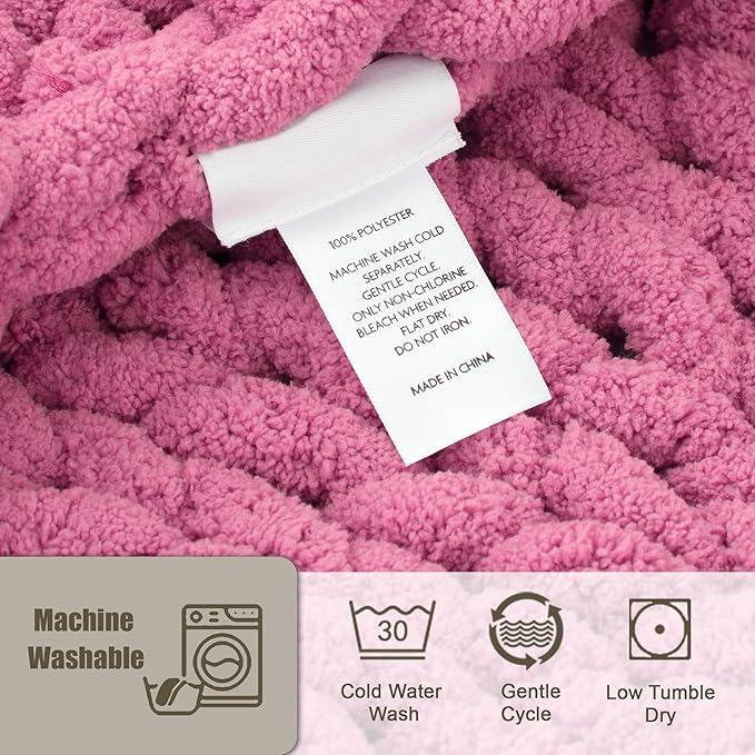Chunky Knit Throw Blanket 60"X 80", 100% Handmade with Soft Chenille Yarn, 4.4lbs Thick Cable Knitted Blankets, Large Rope Knot Crochet Throws for Couch Sofa Bed Home Decor, Hot Pink