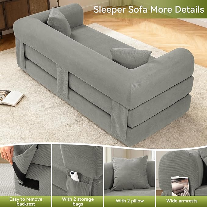 Convertible Futon Sofa Bed,80" Folding Pull Out Couch Bed with Storage,Queen Sleeper Sofa Bed,Compressed Couch in a Box,Corduroy Boneless Couches for Living Room,Light Grey