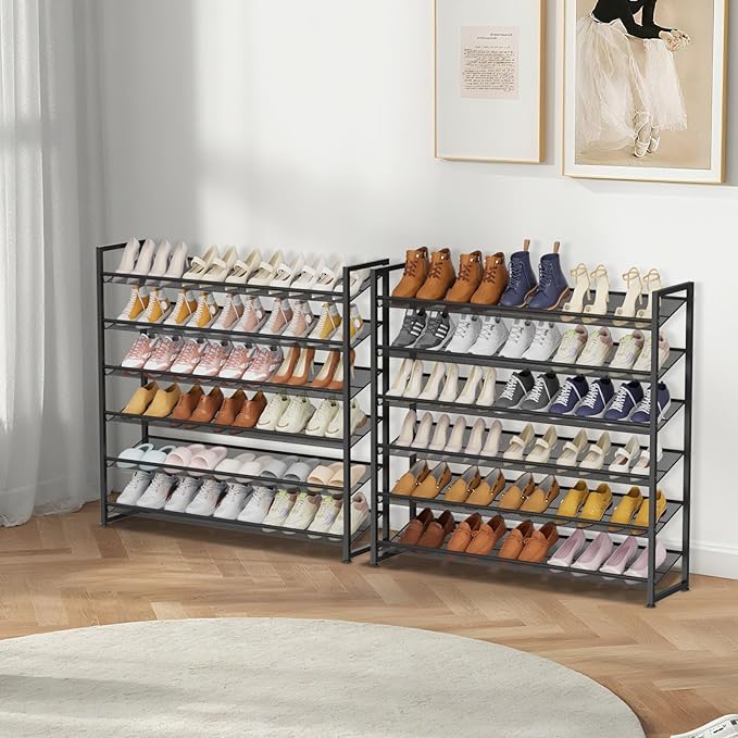 Large Shoe Rack 12 Tier Shoe Organizer, Heavy Duty Metal 6-Tier Stackable Shoe Storage Vertical Shoe Rack for Closet Front Door Entrance, Up to 75 Pairs, 44.8" W x 11.4" D x 85.1" H, Black