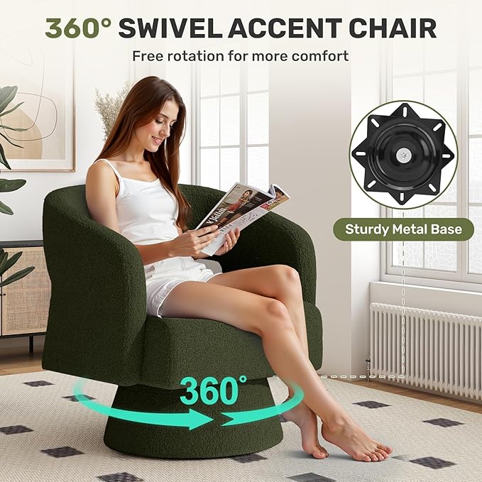 Swivel Accent Chair Set of 4, Modern Comfy Teddy Barrel Chairs, Oversized Upholstered Round Arm Chair for Living Room, Bedroom, Reading Room, Green