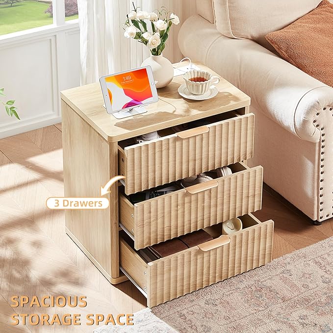 LEYAOYAO 48" Wide Fluted Dresser and 3 Drawers 23" Nightstand Set of 2, Wooden Dresser & Night Stand with Charging Station, 3 Piece Bedroom Furniture Set, Chest of Drawer for Living Room,Natural Wood