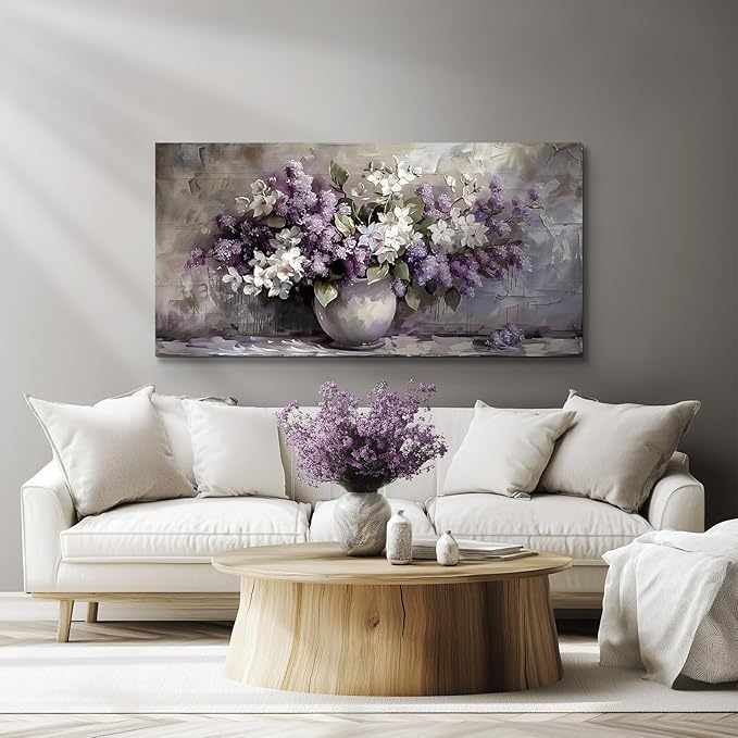 SERIMINO Large Wall Art for Living Room, Still Life Flowers Canvas Prints, Purple Floral Botanical Decor Paintings, Modern Aesthetic Pictures Wall Decor, Farmhouse Kitchen Artwork 29"X57"