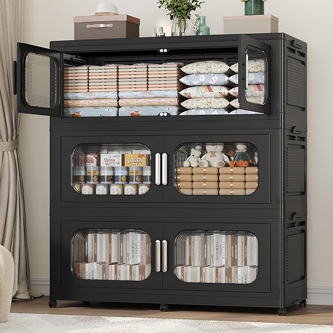 150GAL Extra Large Storage Bins with Lid, 600QT Storage Bins with Wheels, Folding Closet Organizer, Stackable Collapsible Plastic Storage Containers for Home, Office, Kitchen, 3Pack Black