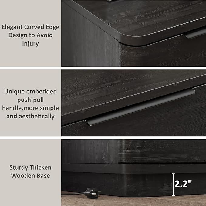 Black Nightstands Set of 2, Bedside Table with 3 Storage Drawers, 24" Tall Wood Night Stand with Charging Station, Modern Wide End Table Side Table W/Metal Handle Curved Profile for Bedroom