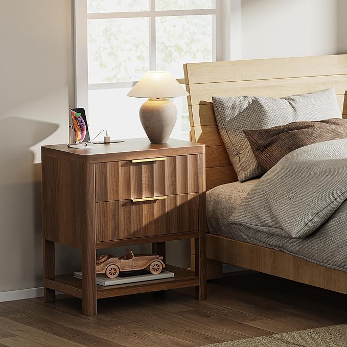 Huuger 27.6 Inch Tall Night Stands with Charger Station, USB-C Port, Fluted Nightstand Set of 2, Larger Wider Bed Side Table with 2 Deep Drawers, Open Shelf, Bedroom Living Room End Table, Walnut