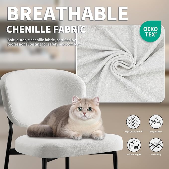 Upholstered Dining Chairs Set of 2 Modern Chenille Dining Room Chairs Wide Cushion with 58D Memory Foam Ergonomic Wingback Kitchen Chairs with Black Metal Leg for Living Room/Bedroom White