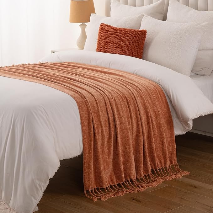 BATTILO HOME Fall Caramel Throw Blanket for Couch, Bed, Sofa - Soft Cozy Rust Orange Chenille Throw with Fringe Tassels, Lightweight Fall Knit Throw for Fall Decor, 50"x60"