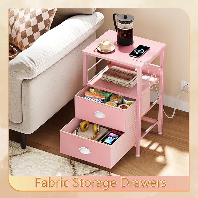 Furologee Nightstand with Charging Station, Night Stand with 2 Fabric Drawers, Side Table with USB Ports, End Table with Storage Shelf, for Living Room/Bedroom, Pink