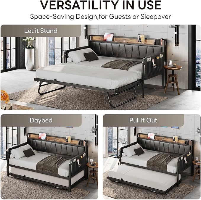 LIKIMIO Daybed with Trundle Bed, Twin Bed Frame with Storage Headboard and Charging Station, Sofa Day Bed with Strong Supports for Living Room, Bedroom, and Guest Room, Black