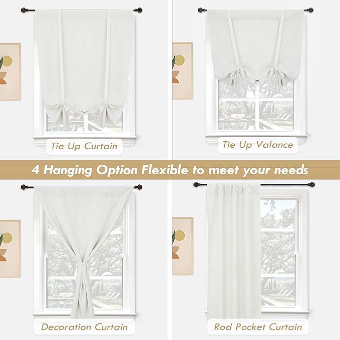 DriftAway Double Layer Linen Blackout Tie Up Curtains Thermal Insulated Fully Lined Balloon Roman Shade Bathroom Window Adjustable Rod Pocket for Small Window 25 Inch by 47 Inch Ivory Cream
