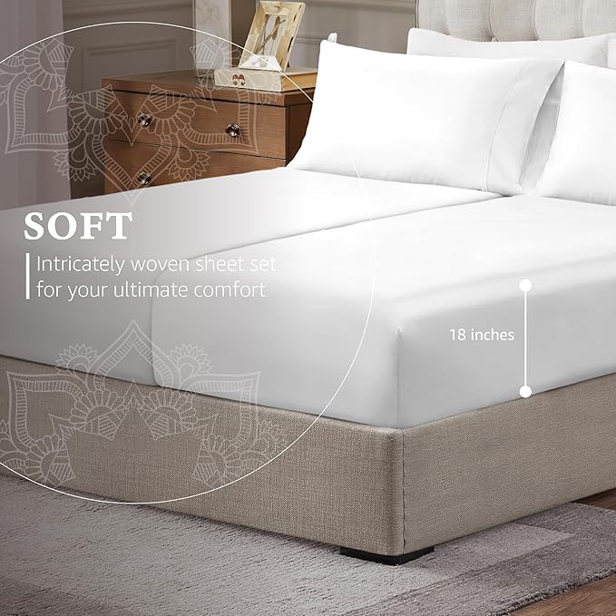 Hyde Lane Luxury 1000 Thread Count 100% Cotton Sheets | Very Soft & Thick - Fits Upto 20" Mattress | Sateen Weave Bed Sheets 18" Deep Pocket- 4 PC Sheet Set (White, Top Split King)
