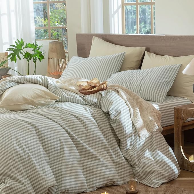 MooMee Striped Duvet Cover Set 100% Washed Cotton Linen Like Textured Breathable Durable Soft Comfy (Sage Green White Classic Stripes, Cal King 104"x98")