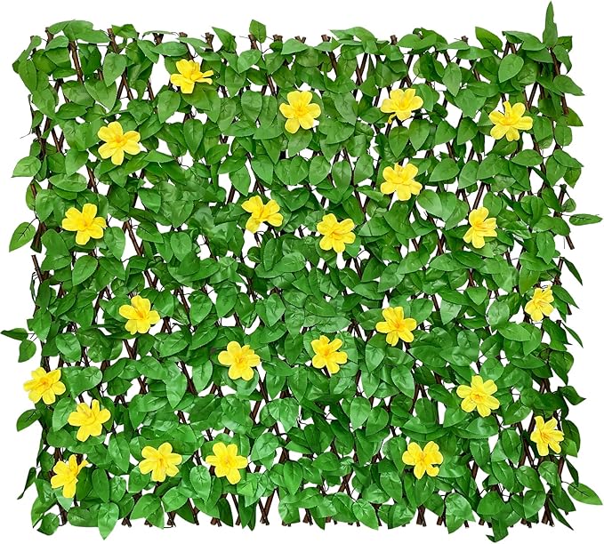 Sumery Expandable Fence Privacy Screen for Balcony Patio Outdoor,Decorative Faux Ivy Fencing Panel,Artificial Hedges (Single Sided Leaves) (1, Yellow Flowers)