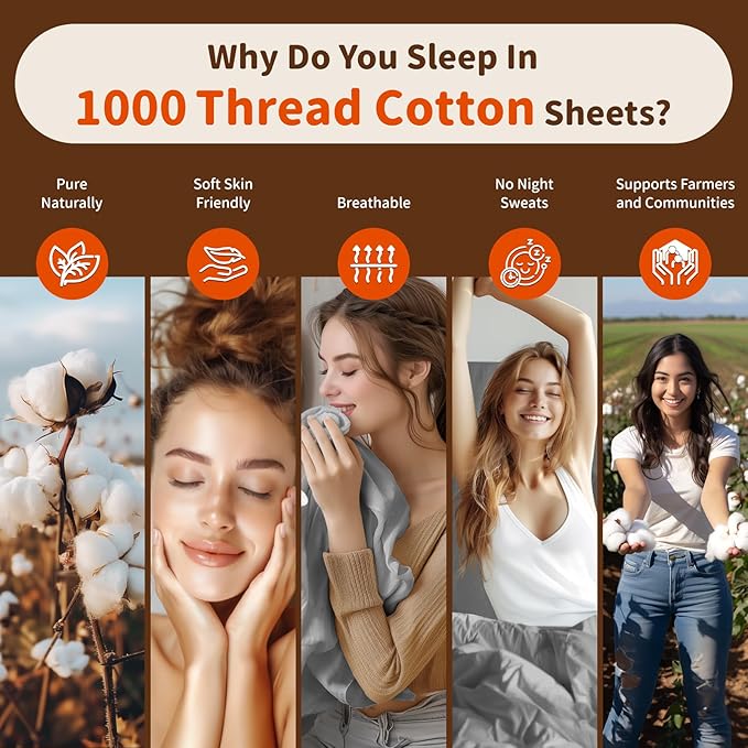 LBRO2M 1000 Thread Count 100% Egyptian Cotton Sheets Set 6 Piece Sets Full Size Bed Sheet Deep Pocket Sheet Set 16" Soft Comfortable All Season (Full, Gray)