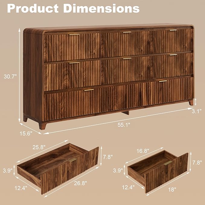 3 Pcs Bedroom Furniture Set, 8 Drawer Fluted Dresser and Nightstand Set of 2 with Charging Station, Modern Bed Side Table Chest of Drawers Storage Cabinet Set for Bedroom, Living Room, Walnut