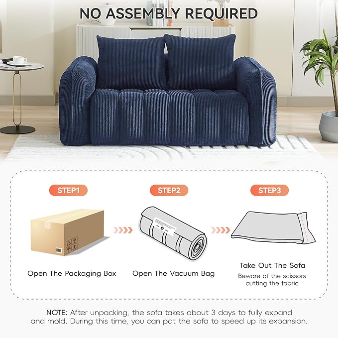 Corduroy Boneless Living Room Sets, Modern Upholstered Loveseat with 2 Signle Sofa Chairs, Comfy Deep Seat Cloud Sofa Couch Sets for Living Room, Navy