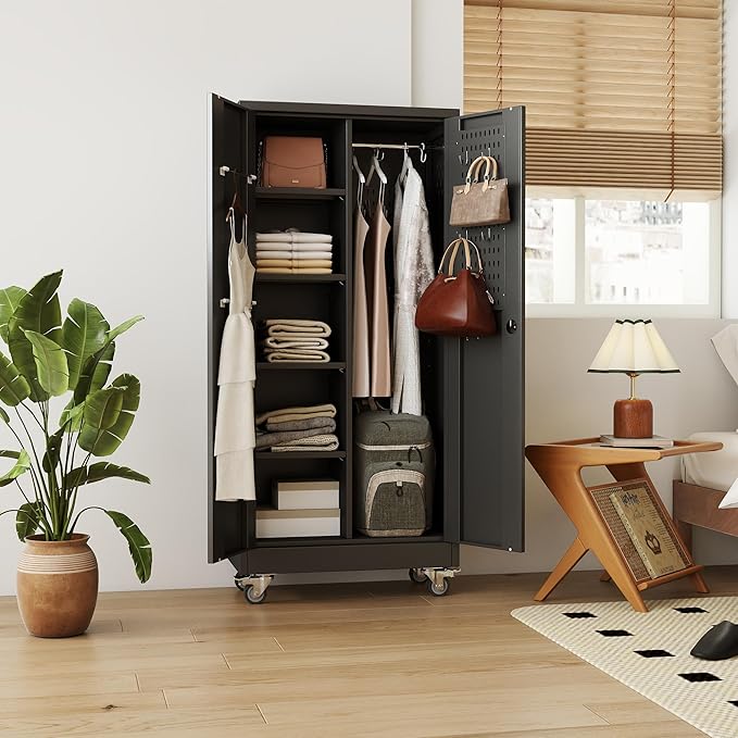 27.6 in Wide Garage Storage Cabinet with Wheels, Metal Storage Cabinet with Pegboards and 4 Adjustable Shelves, Garage Storage System with Lockable Door for Offices, Gyms and Pantries, Black