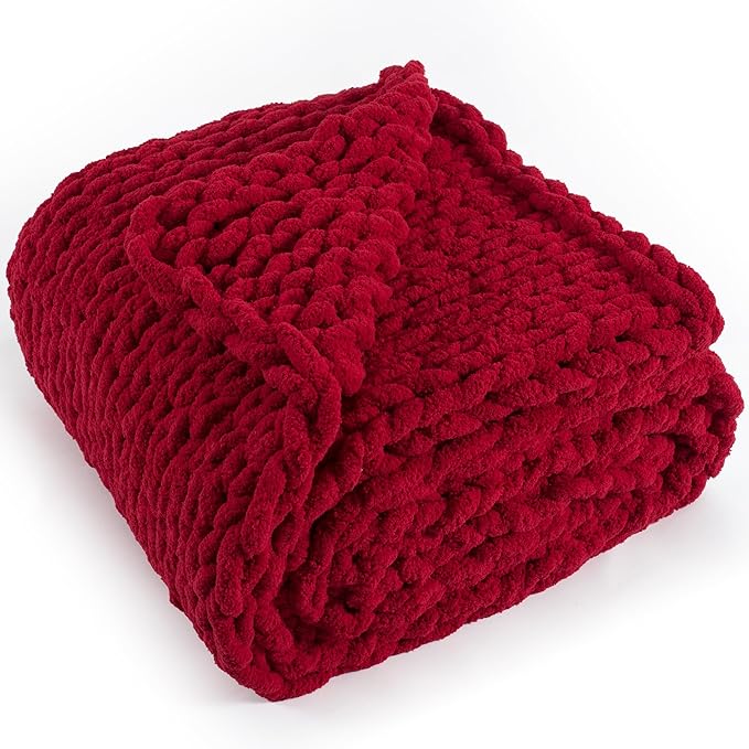 Chunky Knit Throw Blanket 50"X 60", 100% Handmade with Soft Chenille Yarn, 4.4lbs Thick Cable Knitted Blankets, Large Rope Knot Crochet Throws for Couch Sofa Bed Home Decor, Red