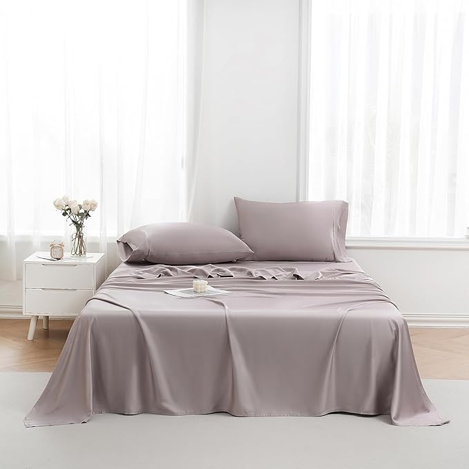Linen World Queen Size 400TC Cooling Bed Sheet Set - 100% Organically Grown Viscose Sheets, Silky Soft & Breathable, Deep Pocket Fits Up to 16", 4-Piece Sheets with Pillowcases, Mauve