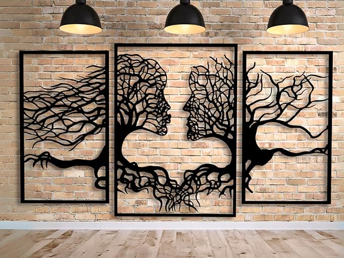 VAILLA Tree of Life Wall Wooden Art Abstract Tree Man Woman Face Large 3D Wooden Wall Decor Set of 3 Hanging Sculpture Modern Home Decoration 3D Textured Sculptures for Living Room Bedroom Office Dinnig Room