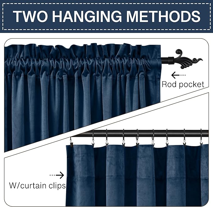 StangH Navy Blue Blackout Curtains for Sliding Door, Heavy Thick Velvet Thermal Insulated Privacy Room Partition Dividers for Office/Apartment/Bedroom, W62 x L84, 2 Panels