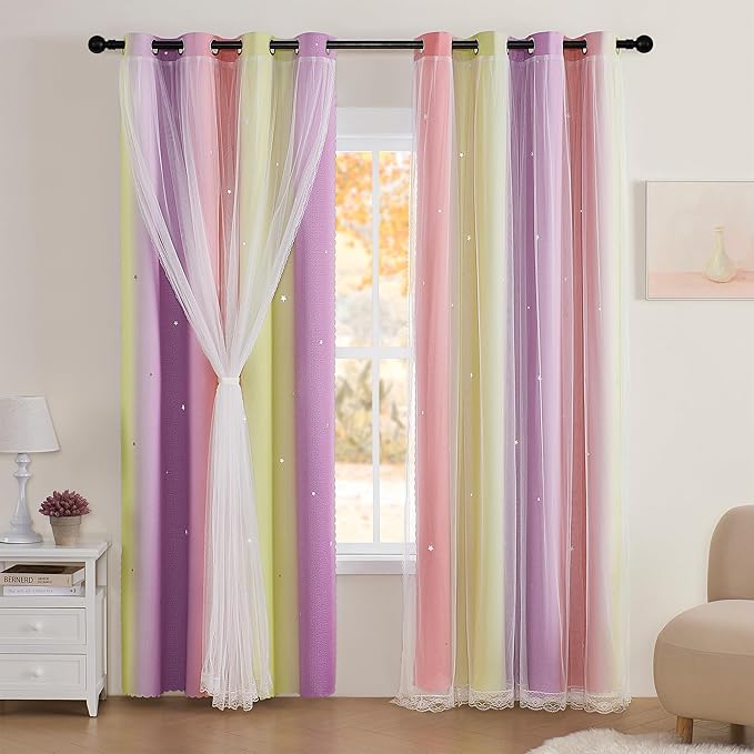 XiDi Curtains for Bedroom Decor, Rainbow Pink PurpleYellow52/96/1